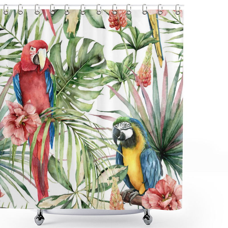 Personality  Watercolor Tropical Seamless Pattern With Parrots And Hibiscus. Hand Painted Birds, Flowers And Jungle Palm Leaves. Floral Illustration Isolated On White Background For Design, Print Or Background. Shower Curtains