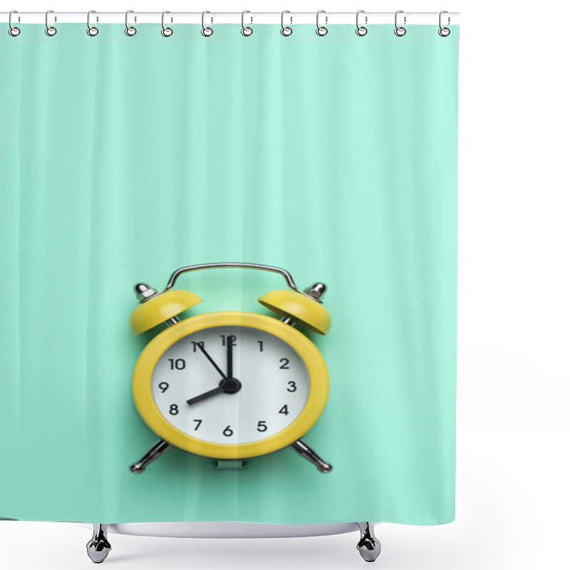 Personality  Yellow Round Alarm Clock On The Cyan Background. Shower Curtains