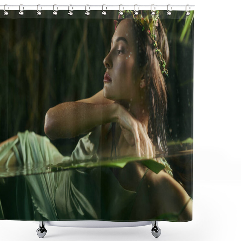 Personality  A Woman In Flowing Green Attire Poses In A Swampy Area, Surrounded By Lush Greenery. Shower Curtains