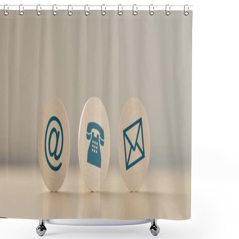 Personality  Wooden Round Telephone, Envelope Letter And E-mail Symbols In A Row On Wooden Table Background, Contact Us Symbols Or Banner, 3D Illustration Shower Curtains