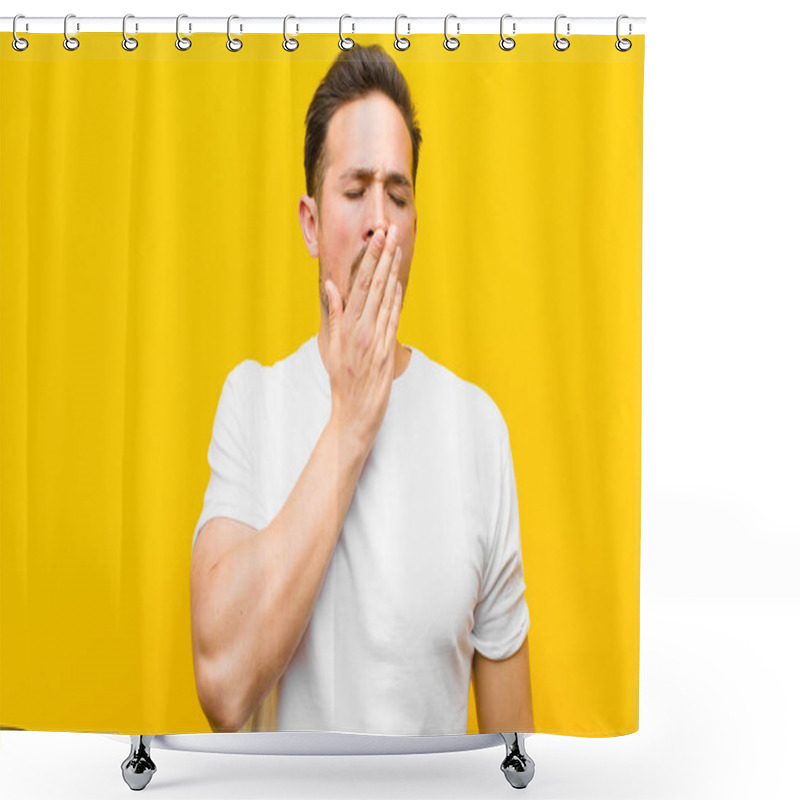 Personality  Young Handsome Man Yawning Lazily Early In The Morning, Waking And Looking Sleepy, Tired And Bored Against Orange Wall Shower Curtains