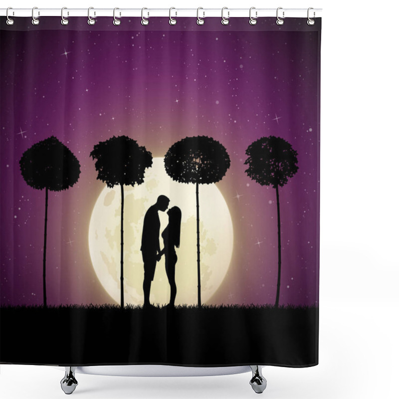 Personality  Lovers Between Trees On Moonlit Night. Vector Illustration With Silhouette Of Loving Couple In Park. Landscape With Maples. Full Moon In Starry Sky Shower Curtains