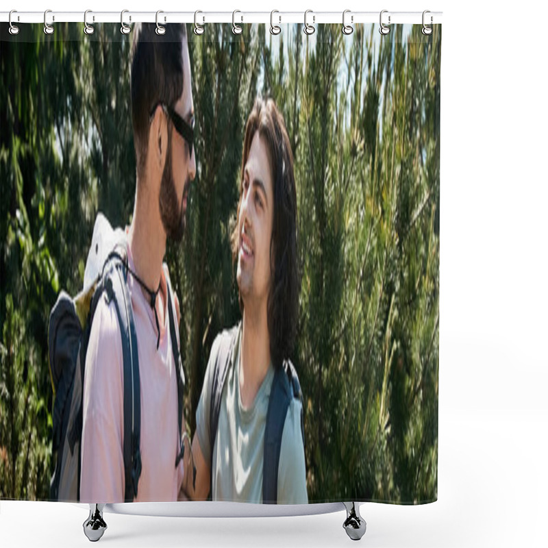 Personality  A Young Gay Couple Smiles And Walks Together In A Sunny Forest During A Summer Hike. Shower Curtains