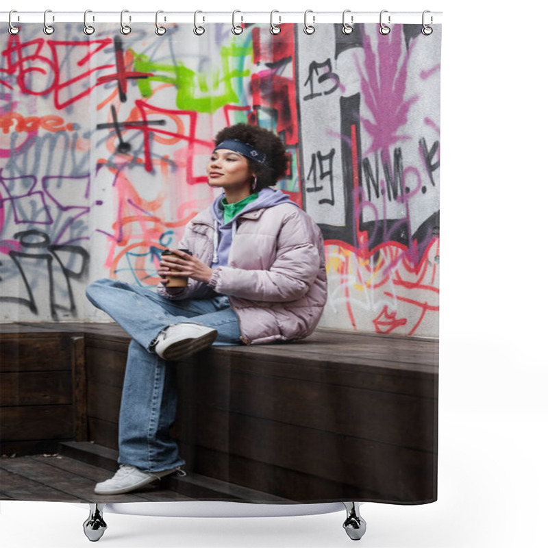 Personality  African American Woman Holding Coffee While Sitting On Bench Near Graffiti  Shower Curtains