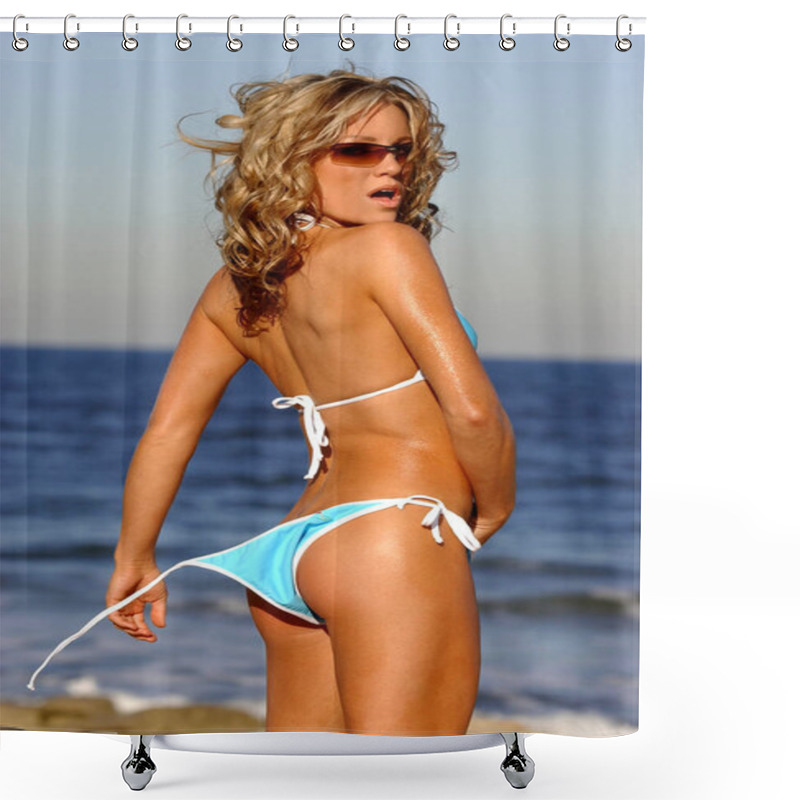 Personality  Untied Skimpy Bikini Well Baby Oil Blonde Poses In Swimwear On The Ocean Beach Complete With Sand Rocks Water Waves Copy Space And Room For Text On Blue Sky And Sea Perfect Pinup Locker Room Poster Naughty College School Girl Shower Curtains