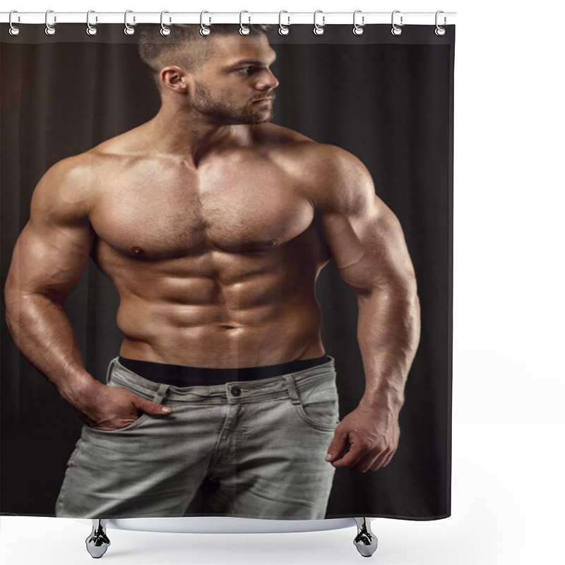 Personality  Strong Athletic Man Fitness Model Torso Showing Big Muscles Shower Curtains