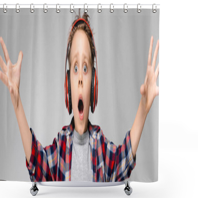 Personality  A Handsome Boy In A Plaid Shirt, Gray Shirt And Jeans Stands On A Gray Background. A Boy In Red Headphones. The Boy Is Pulling His Hands Forward. Shower Curtains