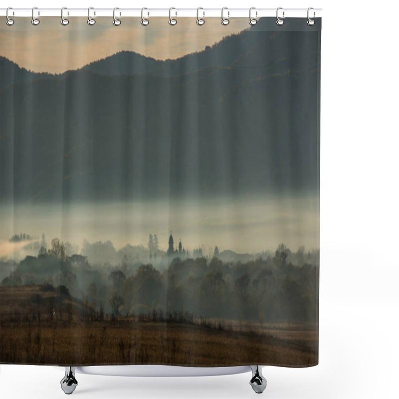 Personality  Mountain Village View In Misty Morning. Haze At Dawn Over The Church Tower Shower Curtains