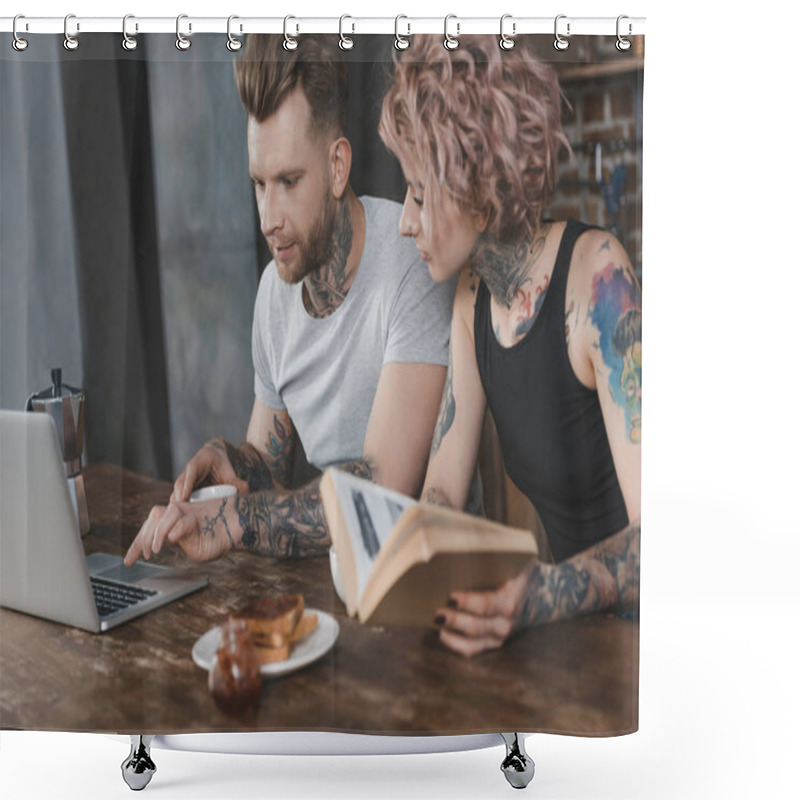 Personality  Tattooed Couple Using Laptop And Reading Book During Breakfast In Kitchen Shower Curtains