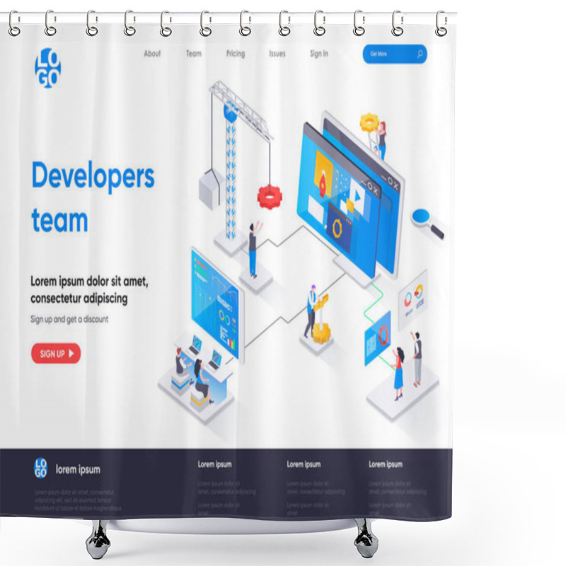 Personality  Developers Team Isometric Landing Page. Full Stack Software Development Company Isometry Concept. App Engineering, Programming And Testing Flat Web Page. Vector Illustration With People Characters. Shower Curtains