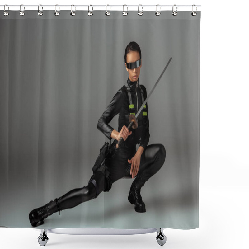 Personality  Attractive Futuristic African American Woman In Glasses Sitting With Sword On Grey Shower Curtains