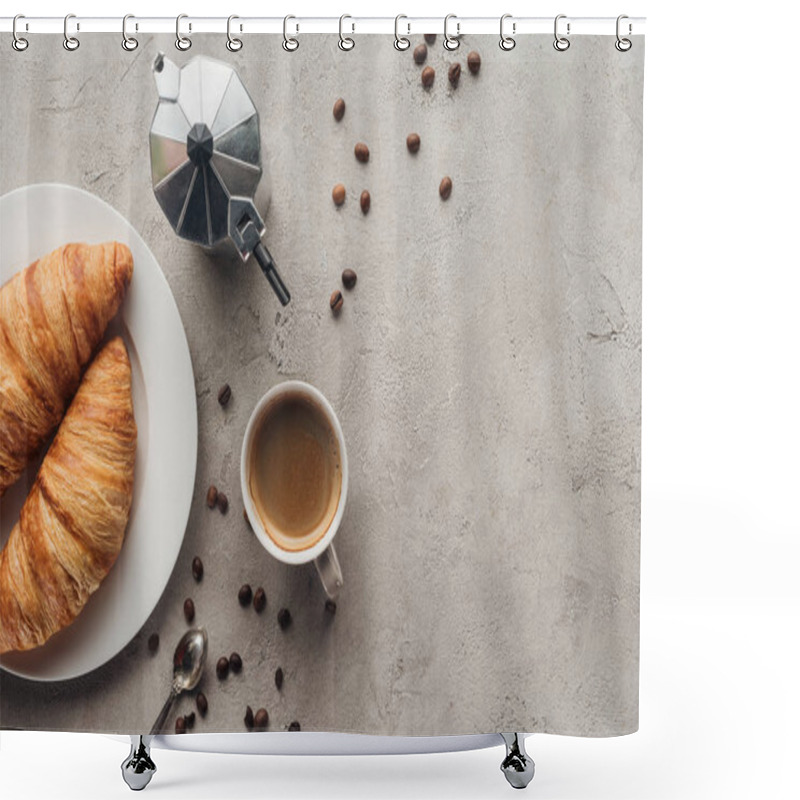 Personality  Top View Of Cup Of Coffee With Croissants And Moka Pot On Concrete Surface With Spilled Coffee Beans Shower Curtains