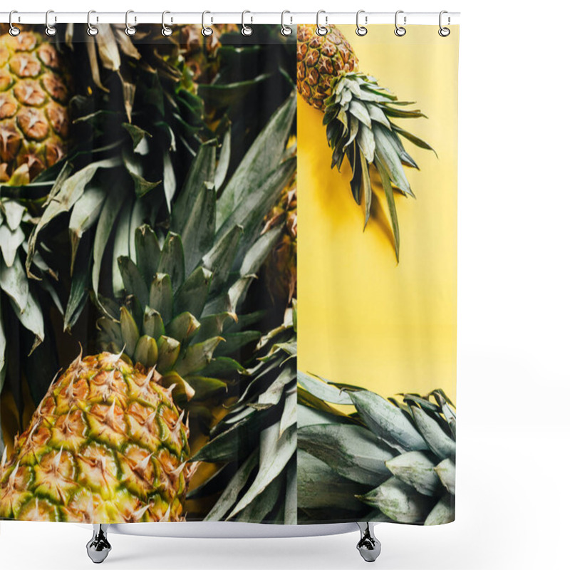 Personality  Collage Of Fresh Ripe Pineapples On Yellow Background Shower Curtains