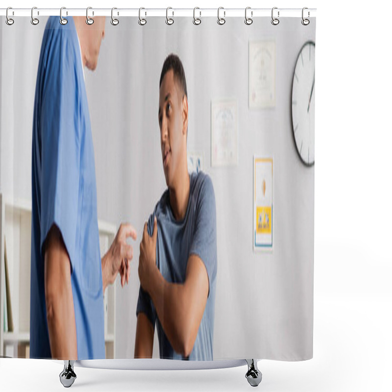 Personality  Doctor Pointing With Finger At Injured Arm Of African American Patient, Banner Shower Curtains