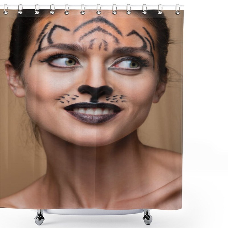 Personality  Close Up Of Joyful Woman With Tiger Makeup Looking Away Isolated On Beige Shower Curtains