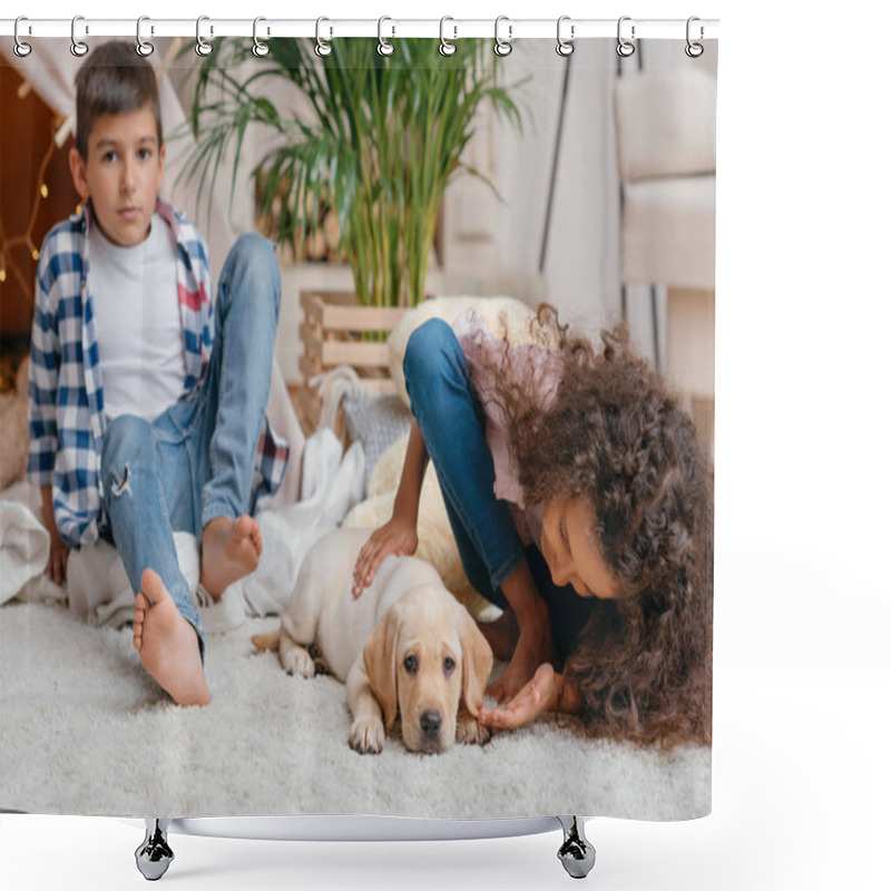 Personality  Multiethnic Children With Labrador Puppy Shower Curtains