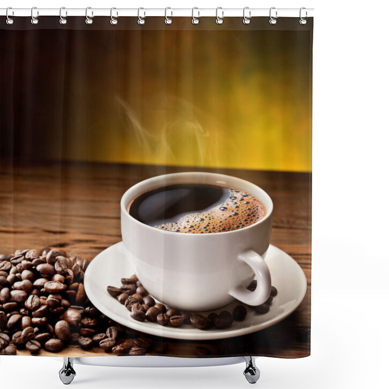 Personality  Coffee Cup And Saucer On A Wooden Table. Shower Curtains