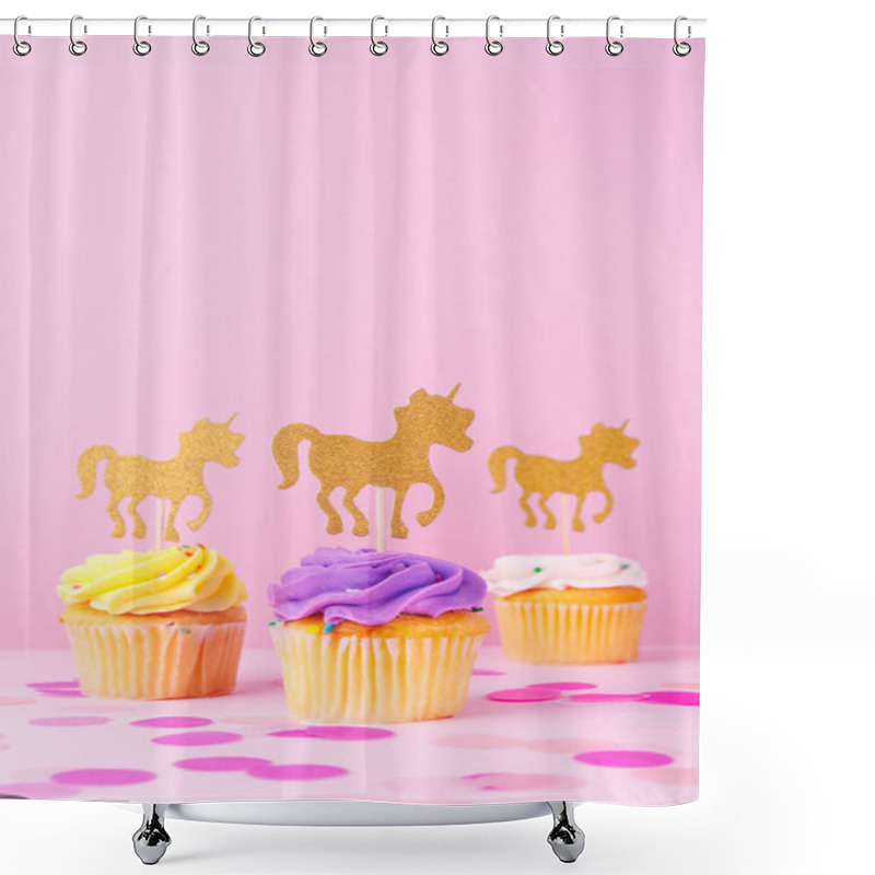 Personality  Creative Pastel Fantasy Holiday Card With Cupcake, Confetti And Unicorn. Baby Shower, Birthday, Celebration Concept. Vertical Shower Curtains