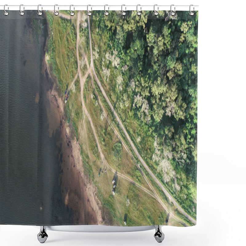 Personality  Aerial View Of Lake Along The Forest By Drone. Landscape And Nature Theme Shower Curtains