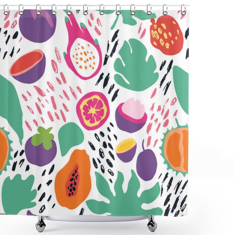 Personality  Minimal Summer Trendy Vector Tile Seamless Pattern In Scandinavian Style. Exotic Fruit Slice, Plant Leaf And Abstract Elements. Textile Fabric Swimwear Graphic Design For Print Isolated On White. Shower Curtains