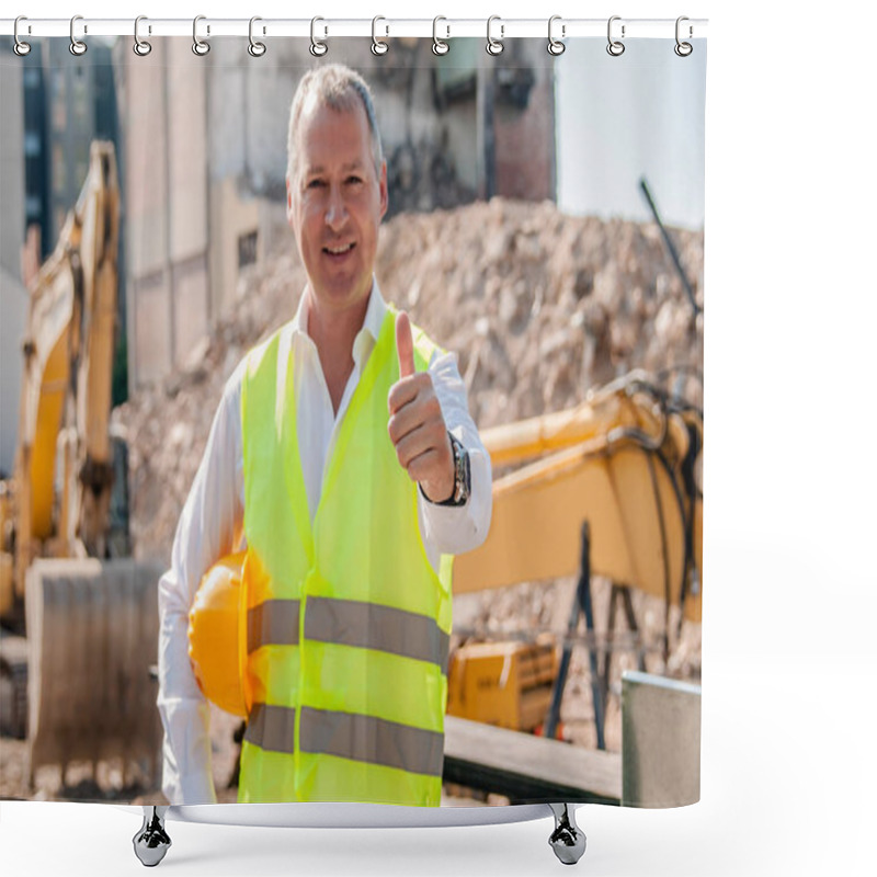 Personality  Portrait Of Smiling Civil Engineer Holding Hardhat And Showing Thumb Up Gesture On Construction Site Shower Curtains