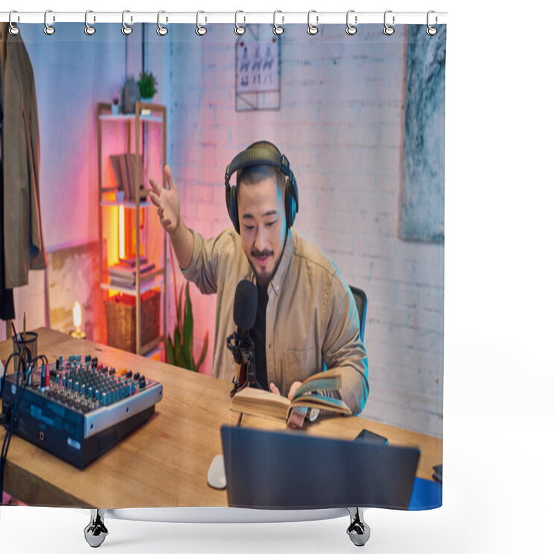 Personality  An Asian Man Records A Podcast In His Home Studio, With A Microphone, Headphones, And A Book. Shower Curtains