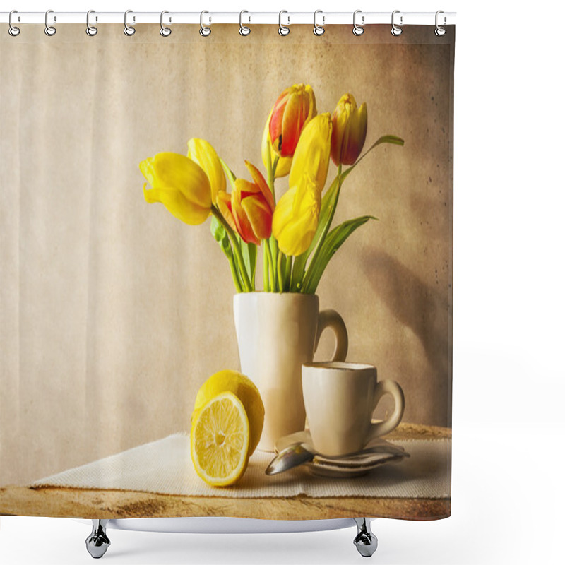 Personality  Still Life Bouquet Yellow Tulips Cup Of Tea Shower Curtains