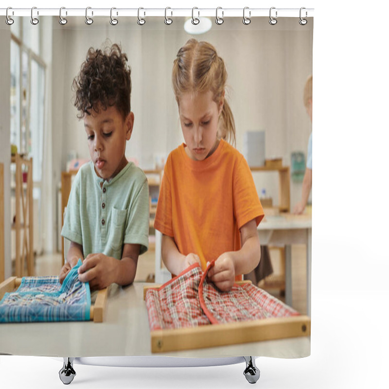 Personality  Multiethnic Children Buttoning Cloth On Frames In Class In Montessori School Shower Curtains