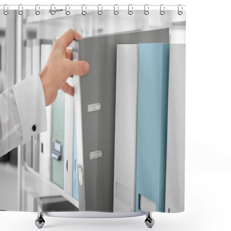 Personality  Young Man Taking Folder With Documents From Shelf In Archive Shower Curtains