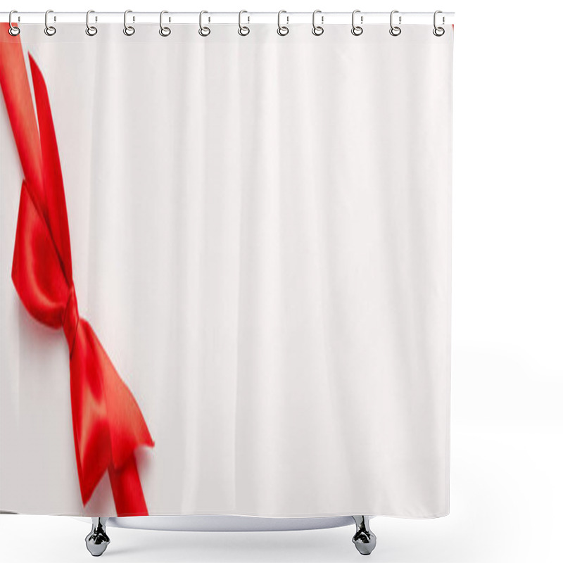 Personality  Panoramic Shot Of Red Satin Ribbon With Bow On White  Shower Curtains