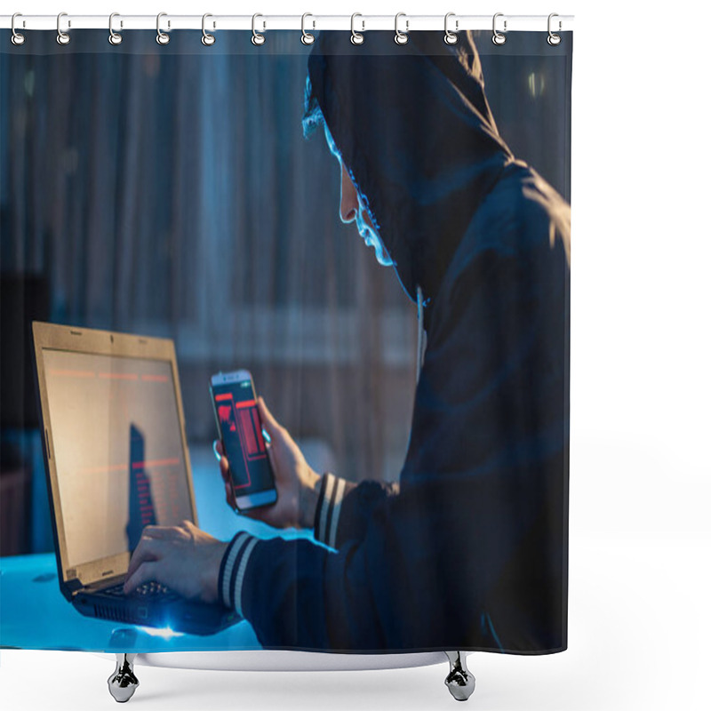 Personality  Male Hacker In The Hood Holding The Phone In His Hands Trying To Steal Access Databases With Passwords. Cybersecurity Shower Curtains