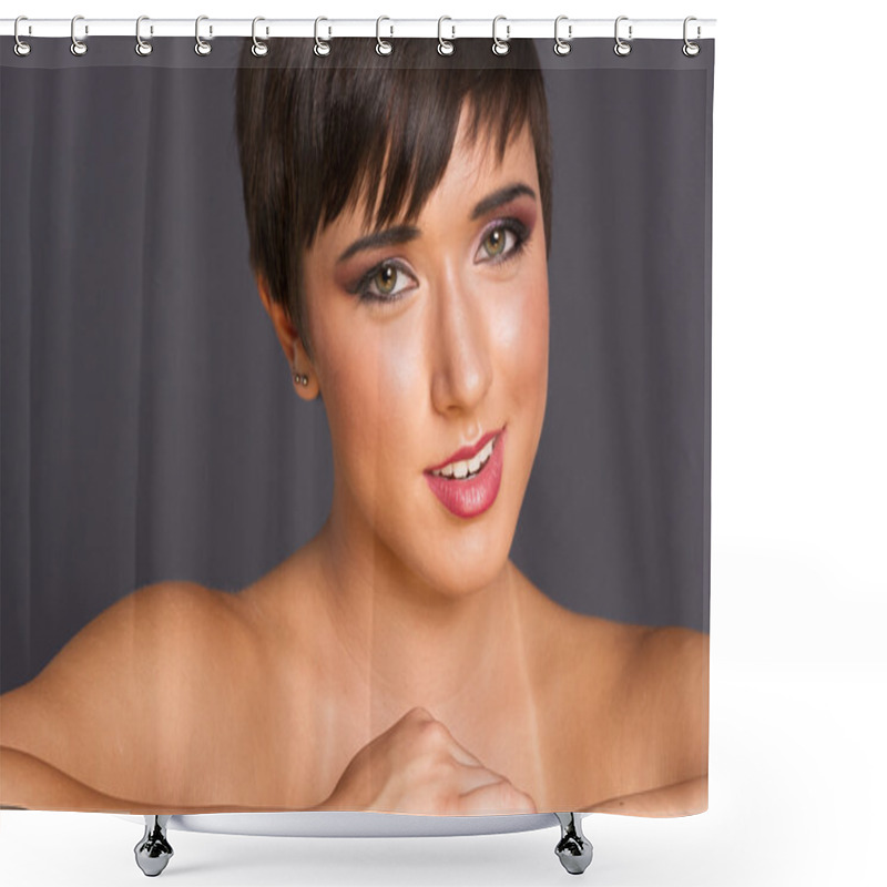 Personality  Vibrant Intimate Portrait Head Shot Young Attractive Female Brunette Shower Curtains