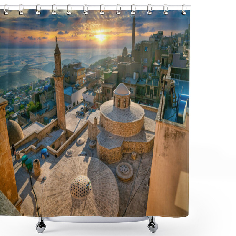 Personality  Mardin, Turkey - January 2020: Old Mardin Cityscape With Roof Of Turkish Hammam During Sunset Shower Curtains