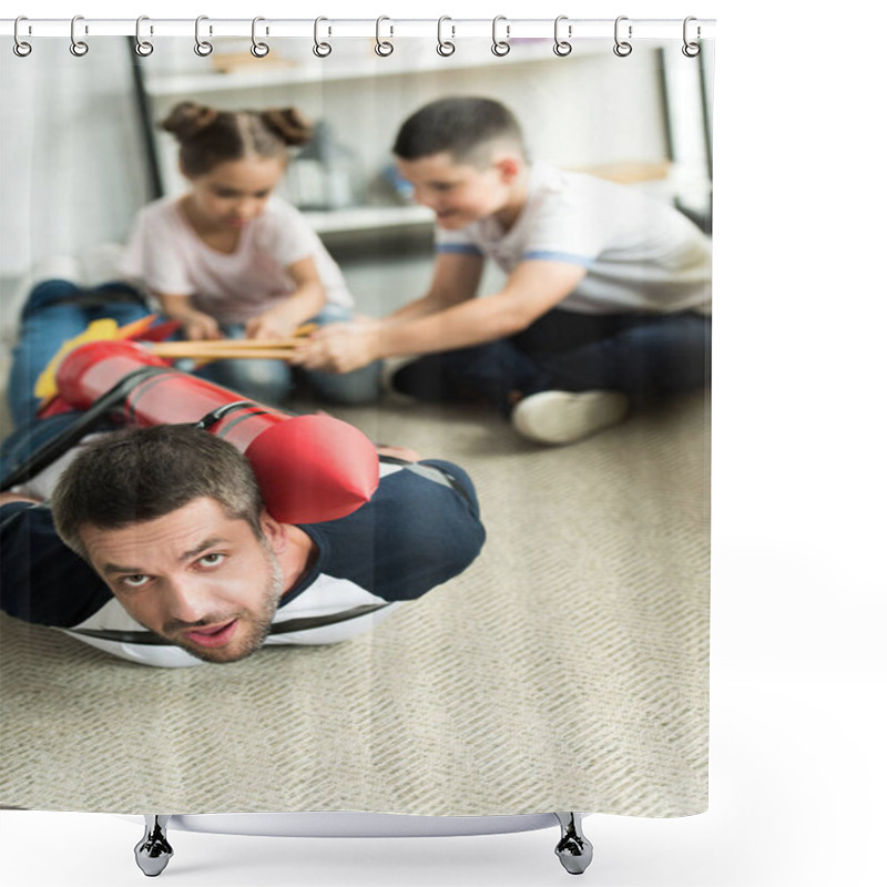 Personality  Tied Daddy With Rocket Toy Lying On Floor And Children Playing With Him  Shower Curtains