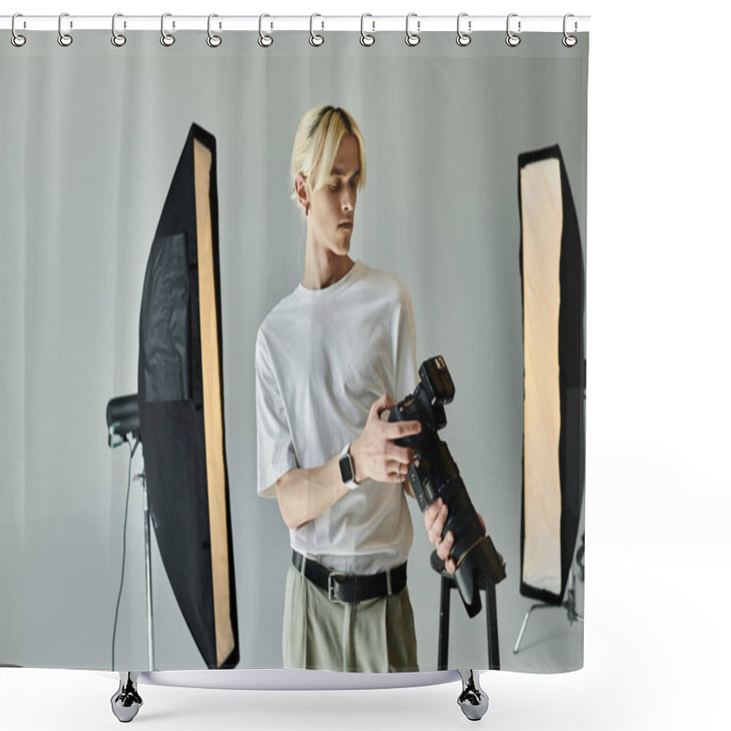 Personality  A Man Poses With A Camera In Studio. Shower Curtains