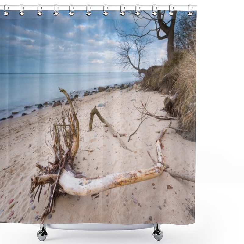 Personality  Rocky Sea Shore With Driftwood At Sunrise. Beautiful Seascape Shower Curtains