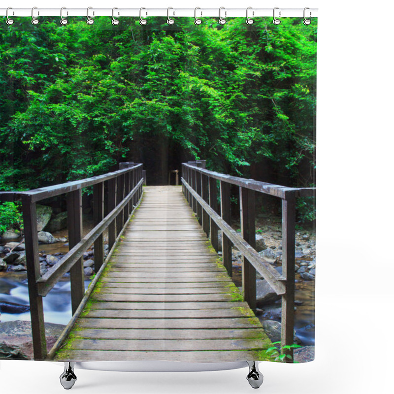 Personality  Bridge Over Waterfall In Forest  Shower Curtains