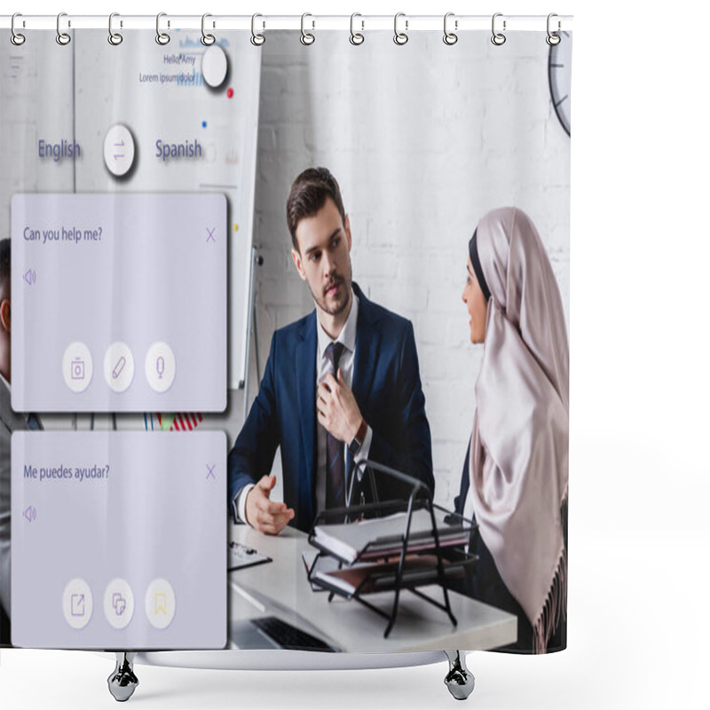 Personality  Arabian Businesswoman Near Business Partner In Office, Illustration Of Translation Application Interface Shower Curtains