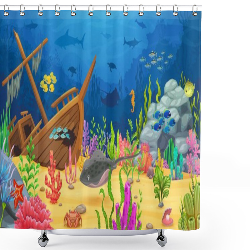 Personality  Sea Underwater Game Landscape With Sunken Ship And Stingray. Cartoon Ocean Under Water Animals And Fish On Marine Bottom Vector Background With Sharks, Corals, Crab And Seaweed, Starfish And Seahorse Shower Curtains