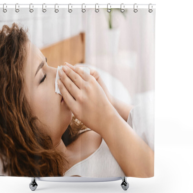 Personality  Sick Woman Has Runny Nose At Home Shower Curtains