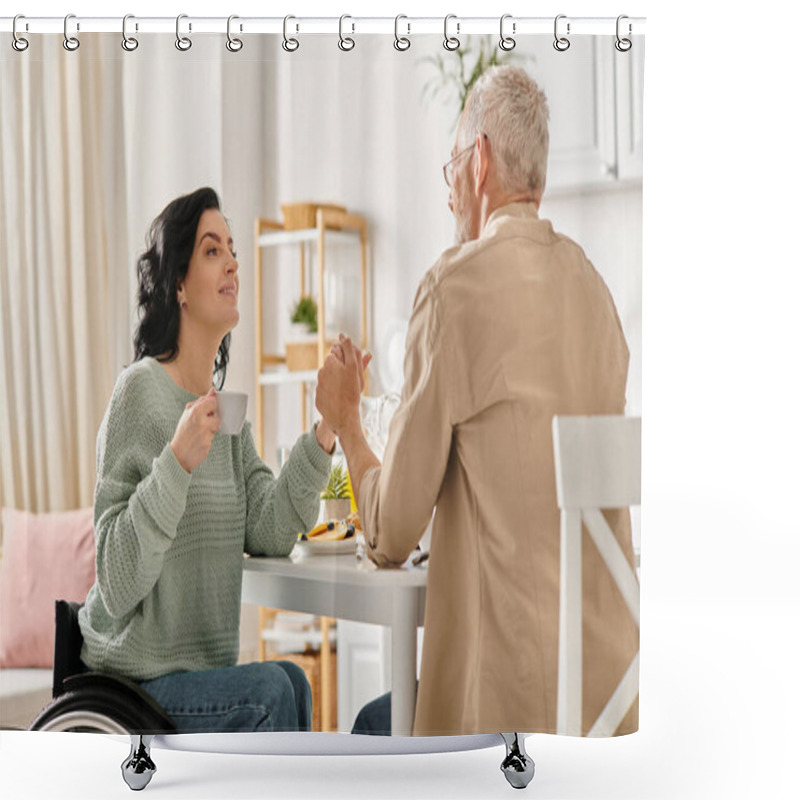 Personality  In A Cozy Kitchen At Home, A Woman In A Wheelchair Holding Hands With Husband Shower Curtains