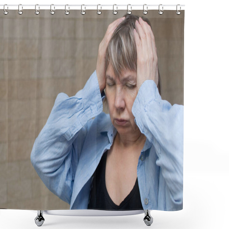 Personality  Senior Woman Addict And Alcoholism Alone Depression Stress Sitting On The Floor With Her Head In Her Hands. Headache, Dizziness, Migraine, Violence, Migraine, Psychological Health, Emotional Anxiety Shower Curtains