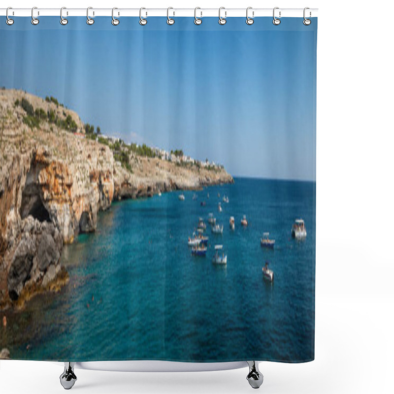 Personality  Tourist Sightseeing Boats Gathered Outside Cave Entrances Near To Santa Maria Di Leuca In Lecce Province, Apulia, Italy Shower Curtains