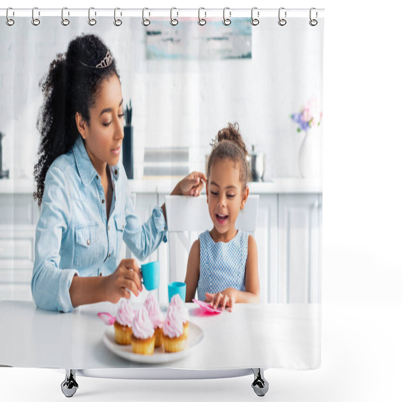 Personality  African American Mother And Daughter With Tiaras Sitting At Table With Muffins In Kitchen Shower Curtains