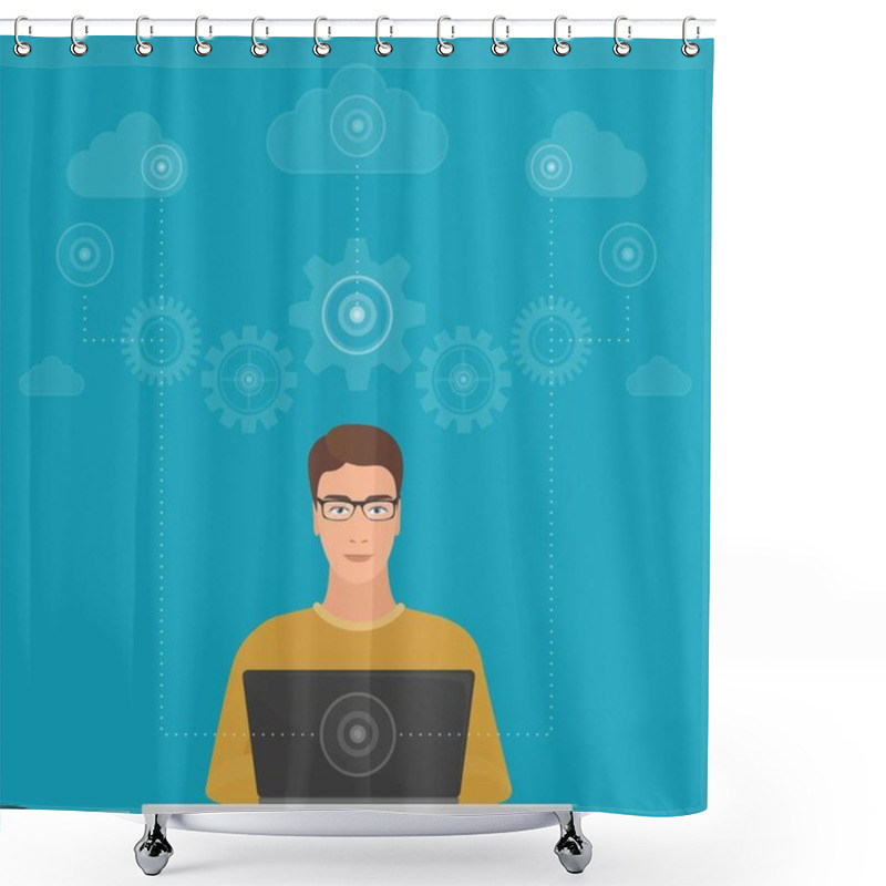 Personality  Man Big Data Software Engineer Programmer With Laptop Concept With Cloud Data Optimization Solutions. Shower Curtains