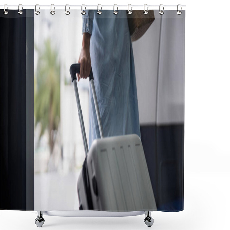 Personality  Young Woman Tourist With A Suitcase At The Airplane With A Suitcase At The Airplane. Shower Curtains