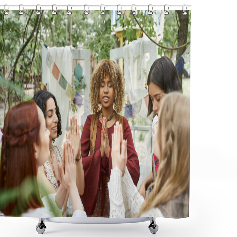 Personality  smiling multiethnic women in stylish outfits meditating together outdoors in retreat center shower curtains