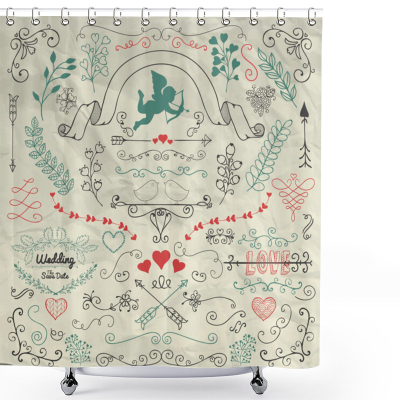 Personality  Sketched Flourish Design Elements On Crumpled Paper Shower Curtains