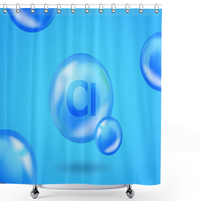 Personality  3D Mineral Cl Chlorum Drop Pill Capsule. Blue Nutrition Design For Beauty, Cosmetic, Heath Advertising. Realistic Mineral Complex Cl Chlorum Design. Shower Curtains