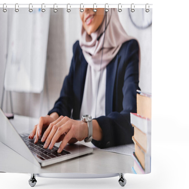 Personality  Cropped View Of Smiling Arabian Translator Typing On Laptop Near Dictionaries Of Foreign Languages, Blurred Background Shower Curtains